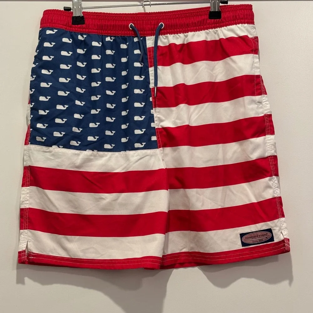 Vineyard Vines Boys XL 18 Swim Trunks American Flag Whale Red White Blue Shorts